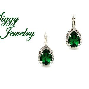 Emerald Pear Teardrop Earrings with Clear Crystal Halo and Rhodium Finish